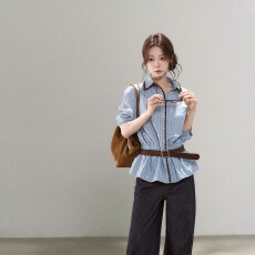 批发韩系独特花边条纹翻领衬衫裙女<b class='q'>秋</b>季高级感chic蓝色收腰开衫衬衣潮