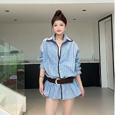 批发甜酷复古条纹撞色长袖衬衫女韩系设计感小众polo领宽松中长款上衣