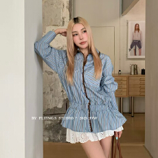 批发蓝色条纹高级感翻领长袖衬衫裙女<b class='q'>秋</b>季小个子bf慵懒风叠穿衬衣外套