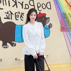 批发温柔<b class='q'>蕾丝</b>蝴蝶结宽松衬衫针织开衫两件套纯欲打底衫娃娃领甜美女