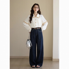 批发米白色长袖衬衫女春秋2025秋新款法式复古撞色翻领设计感衬衣上衣