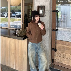 批发韩系复古棕色翻领<b class='q'>短</b>款<b class='q'>外套女</b>款早秋季小个子气质百搭休闲夹克上衣