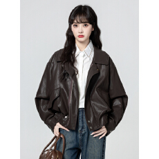 批发源头工厂来版定制—美式棕色高级感皮衣<b class='q'>外套</b>女新款设计感短款<b class='q'>夹克</b>