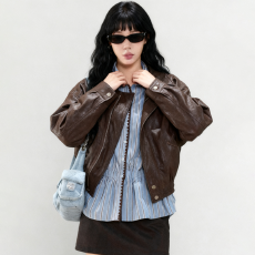 批发源头工厂来版定制—复古棕色PU皮衣<b class='q'>外套</b>女宽松翻领<b class='q'>夹克</b>开衫上衣潮