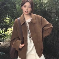 批发复古麂皮绒开衫<b class='q'>外套</b>春女秋季新款高级宽松感休闲翻领<b class='q'>夹克</b>上衣