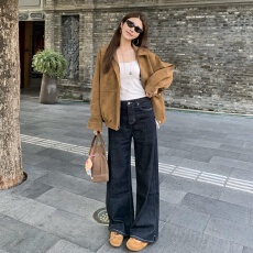 批发美式复古棕色麂皮绒外套女新款高级感简约风百搭翻领<b class='q'>夹克</b>上衣