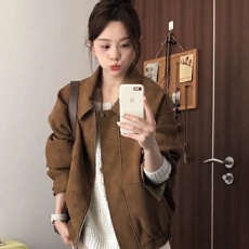 批发棕色复古麂皮绒翻领外套女<b class='q'>春秋</b>新款宽松小个子高级感休闲夹克