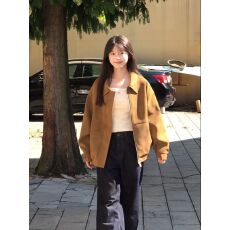 批发美式复古超好看翻领休闲<b class='q'>外套</b>上衣秋季新款美拉德宽松棕色<b class='q'>夹克</b>