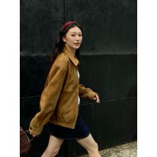 批发国潮牌复古气质高级感宽松咖色麂皮polo领<b class='q'>外套</b>女春秋休闲百搭上衣