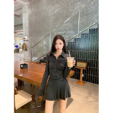 批发纯欲风<b class='q'>灰色</b>修身POIO领长袖连衣裙女秋季收腰显瘦休闲短裙