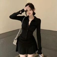 批发美式Polo领黑色长袖连衣裙纯欲辣妹褶皱运动修身收腰显瘦短裙裙子