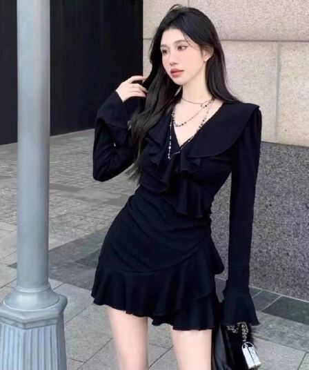 프랑스식 차 휴식 그는 벤 작은 검은 드레스 가을 새로운 순수한 욕망 달콤한 매운맛 V넥 드레스 프릴 미니 스커트 긴팔 여성