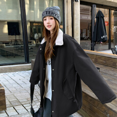 批发韩系慵懒风羊羔毛工装外套女<b class='q'>秋</b>冬新款宽松加绒加厚派克服大衣