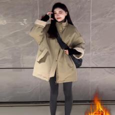 批发复古风卡其立领工装长袖上衣女冬季宽松显瘦加厚保暖<b class='q'>外套</b>