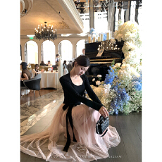 批发法式千金<b class='q'>蝴蝶结</b>长袖<b class='q'>连衣裙</b>女秋冬温柔公主裙收腰a字裙长裙