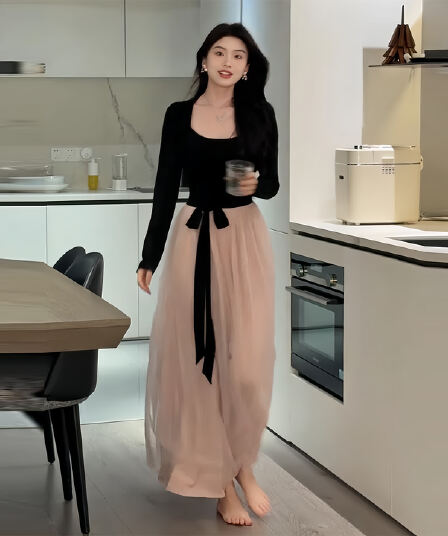 자이언트 잘 생긴 망사 패치워크 긴팔 드레스 아이들 새로운 가을 겨울 관대 한 점잖은 아름다운 롱 스커트