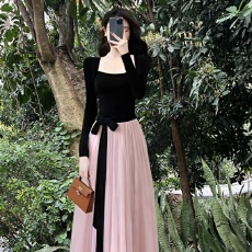 批发温柔风网纱长裙秋季收腰显瘦设计感千金甜美<b class='q'>撞色</b>拼接大摆<b class='q'>连衣裙</b>女