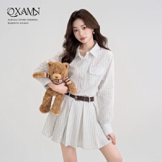 批发秋季新款韩系长袖条纹翻领百搭衬衫<b class='q'>连衣裙</b>