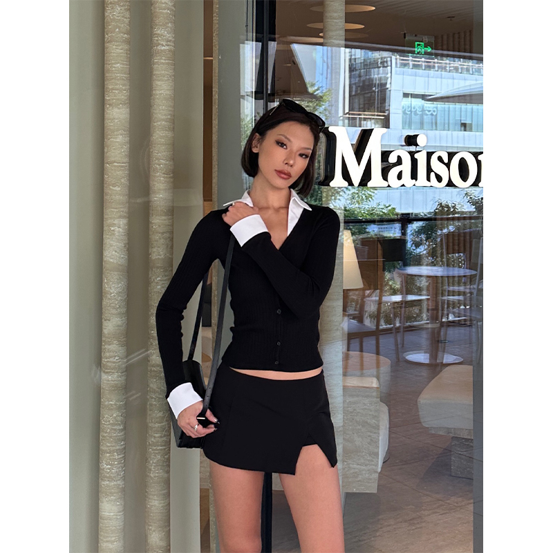 240 그램 순면 구덩이 기사 350 그램 두꺼운 별이 빛나는 하늘 니켈 검정색 페이크 레이어드 니트 오픈 가디건 바지 세트