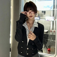 批发韩系条纹拼接假两件polo领长袖T恤女<b class='q'>秋</b>冬设计感修身内搭衬衫上衣