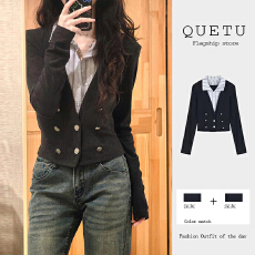 批发拼接翻领长袖针织衫女秋季新款设计感小个子法式开衫独特别致上衣