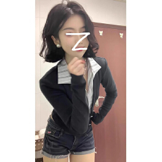 批发美式辣妹职场海妖风假两件长袖上衣女设计感气质衬衫拼接针织衫