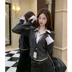 批发<b class='q'>假两件</b>衬衫拼接翻领长袖针织开衫女秋冬季内搭设计感气质撞色上衣