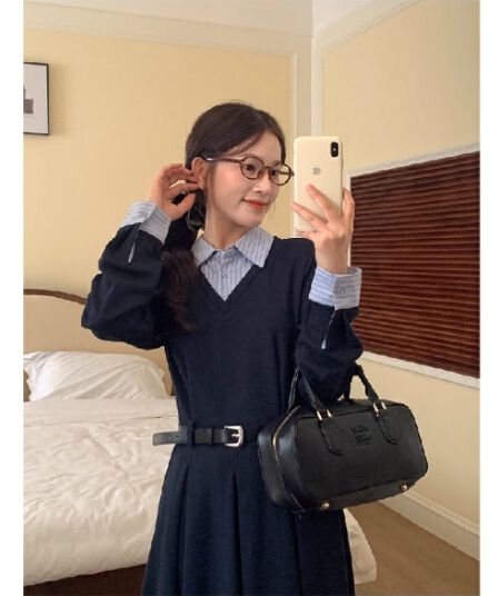 달콤한 핫걸 페이크 레이어드 드레스 여성 의류 가을 겨울 디자인 센스 고유 한 허리 수축 품격 슬림해 보이는 인사이드 가져 가라. 길다 치마