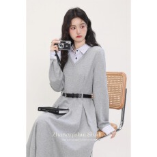 批发秋冬新款灰色衬衫领<b class='q'>连衣裙</b>假两件设计感收腰显瘦裙子女