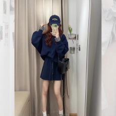 批发韩国chic秋冬复古减龄宽松拼接格子长袖卫衣+高腰抽绳半身裙套装