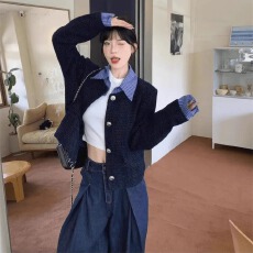 批发秋冬季新款韩系假两件拼接翻领小香风<b class='q'>外套女</b>宽松休闲<b class='q'>短</b>款上衣