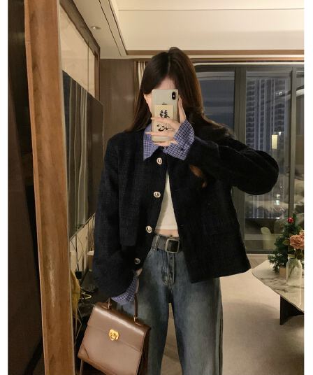 가을 겨울철 새로운 한 부서 페이크 레이어드 패치워크 폴로 칼라 작은 샤넬 스타일 여성 코트 루즈핏 캐주얼 쇼트 스타일 맨위