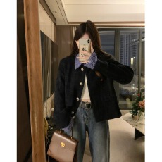 批发秋冬季新款韩系假两件拼接翻领小香风外套女宽松休闲短款上衣