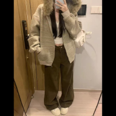 批发德绒面料<b class='q'>韩版</b>条纹拼接毛领可拆卸 条纹设计感卫衣女