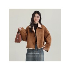 批发源头<b class='q'>工厂</b>来版定制—冬季新款仿外套皮毛一体咖色保暖翻领夹克开衫