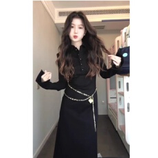 批发韩系黑色长袖polo连衣裙新款女早秋衬衫长裙打底内搭修身显瘦