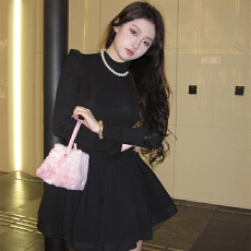 批发赫本风黑色半高领辣妹连衣裙女秋冬大衣内搭收腰显瘦小个子<b class='q'>蓬蓬裙</b>