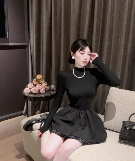 그는 벤 바람 작은 검은 드레스 여성 겨울 검정색 반하이넥 만나는 미니 스커트 인사이드 가져 가라. 퍼프 스커트 경기 코트 니트 치마