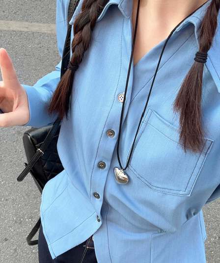프랑스식 출퇴근 파란색 셔츠 여성 고급 작은 대중 디자인 센스 패션 맨위 다용도 긴팔 셔츠