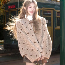 批发慵懒风羊羔毛棉衣外套女冬季加厚保暖中长款棉服撞色波点皮草大衣