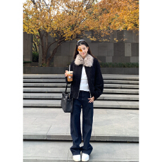 加厚500克羊羔绒复合麂皮+大毛领一美式复古毛领加厚长袖黑色上衣