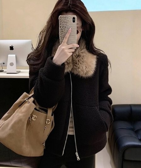 두꺼운 500 그램 양털 플리스 복합 스웨이드 큰 모피 칼라 하나 한 부서 고급 센스 검정색 모피 칼라 지퍼 재킷
