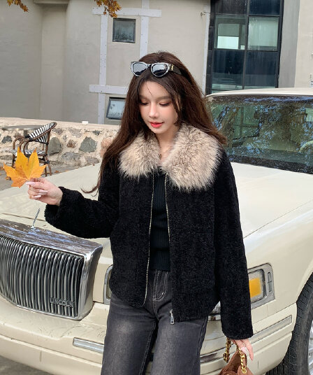 두꺼운 500 그램 양털 플리스 복합 스웨이드 큰 모피 칼라 하나 레트로 여성 가을 피모 하나 모방 양털 맨위