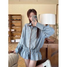 批发复古法式<b class='q'>条纹</b>单排扣POIO领衬衫女装秋冬减龄休闲百搭上衣