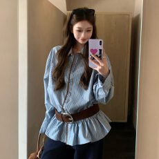 批发设计感撞色<b class='q'>条纹</b>长袖衬衫女早秋小众休闲宽松衬衣POLO领高级感上衣