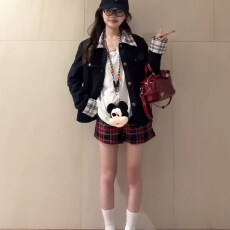 批发源头<b class='q'>工厂</b>来版定制—拼接格纹翻领长袖设计感宽松撞色气质开衫上衣