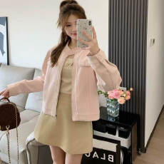 批发高端早秋短款粉色麂皮<b class='q'>外套</b>女新款秋季美式棒球服夹克显白上衣