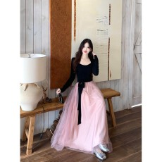 批发260克人棉磨毛+超密涤网+内里一气质名媛御姐法式方领收腰连衣裙