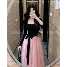 批发260克人棉磨毛+超密涤网+内里一法式假两件撞色气质裙显瘦连衣裙