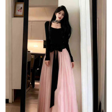 批发260克人棉磨毛+超密涤网+内里一法式名媛甜美气质拼接丝绒连衣裙